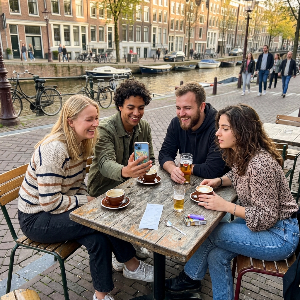 Friends at a canal-side cafe in Europe splitting a bill