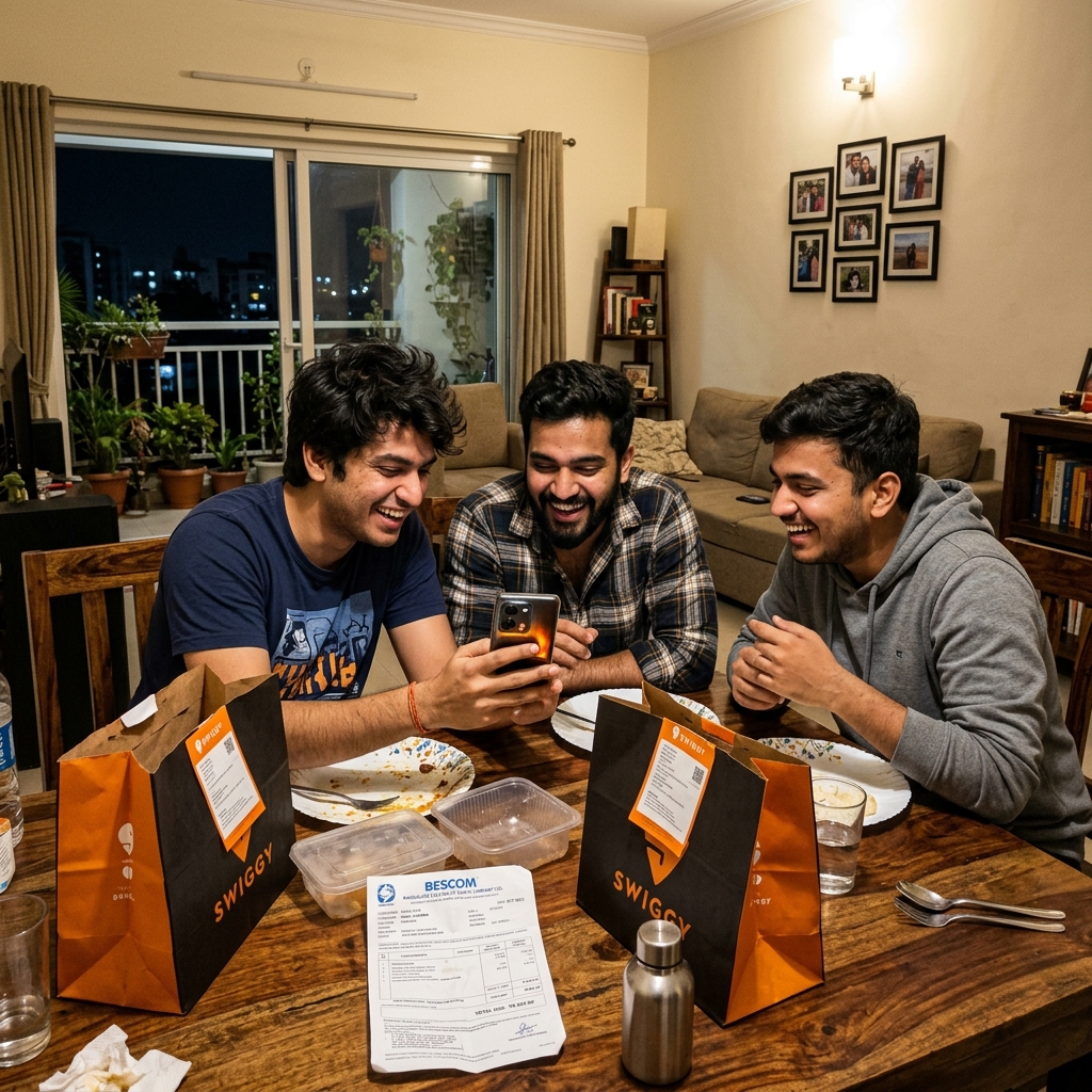 Indian flatmates in a Bangalore apartment looking at a phone together