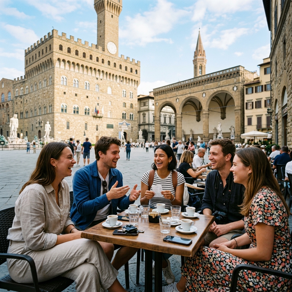 Friends managing group travel expenses on a trip