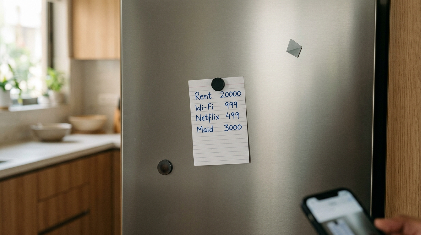 A handwritten note of monthly bills — rent, Wi-Fi, Netflix, and maid — stuck to a kitchen fridge