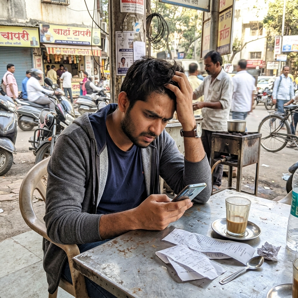 Young Indian man at a chai tapri staring at his phone surrounded by receipts, stressed about expenses