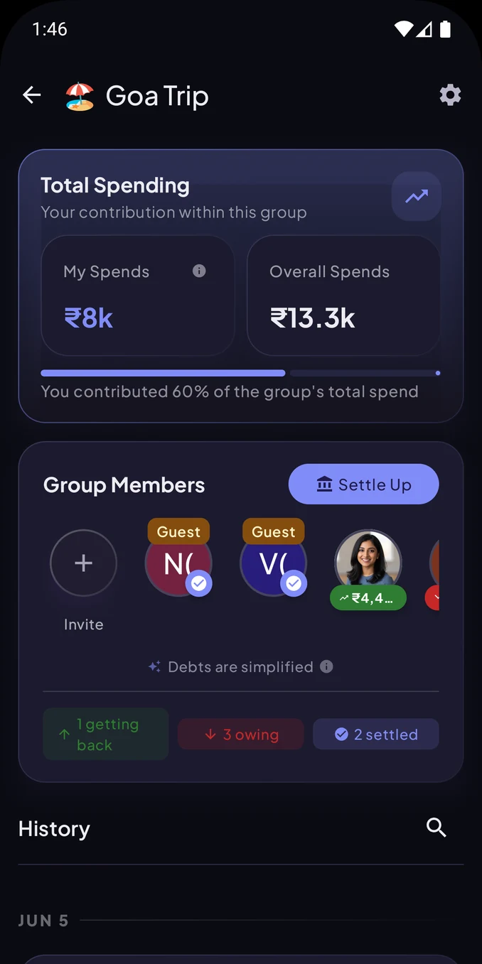 FairShare app — balance summary and settlement view